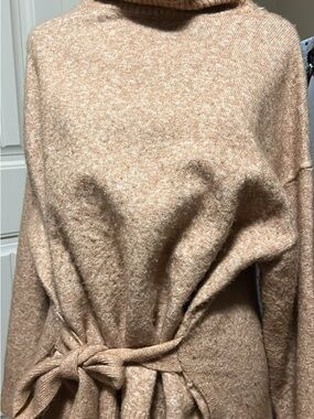Women’s Camel Turtleneck Sweater with Waist Tie - Soft Knit